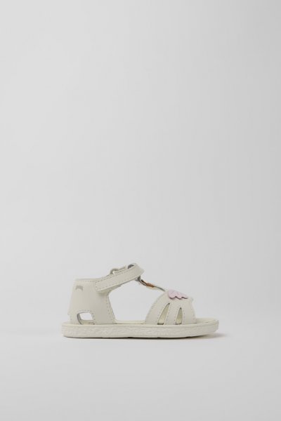 Camper Miko - Sandalia de piel blanca con detalles en rosa y amarillo