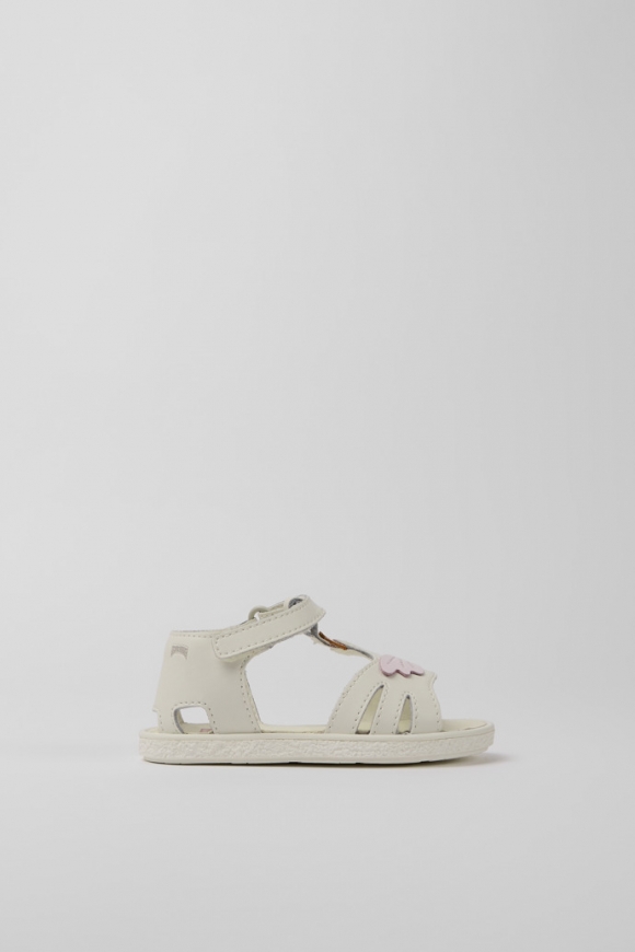 Camper Miko - Sandalia de piel blanca con detalles en rosa y amarillo